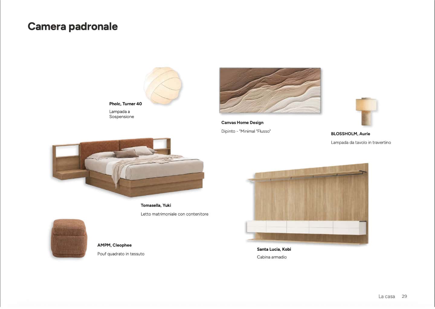 Shopping list della camera padronale con letto contenitore, cabina armadio modulare, pouf e dipinto decorativo.