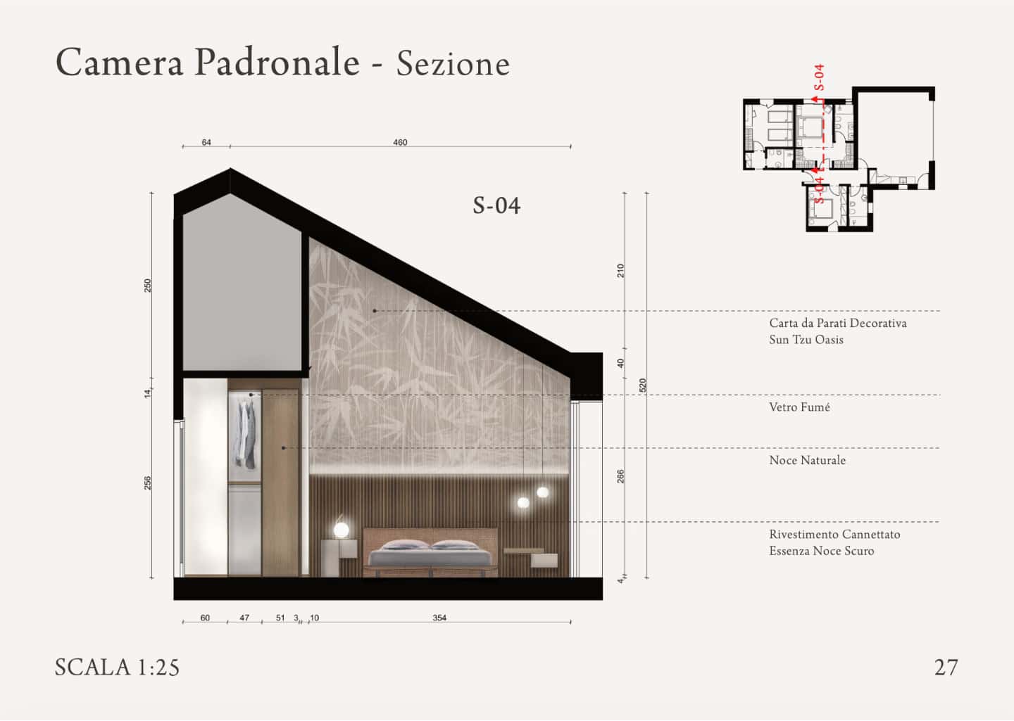 Blueprint of a master bedroom section with sloped ceiling, showing dimensions and materials such as decorative wallpaper, natural wood, and smoked glass.