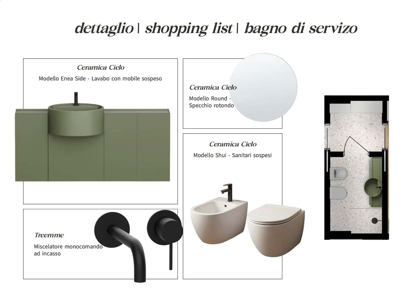 Bathroom design shopping list featuring a green floating sink, round mirror, suspended toilet, wall-mounted faucet, and layout plan.