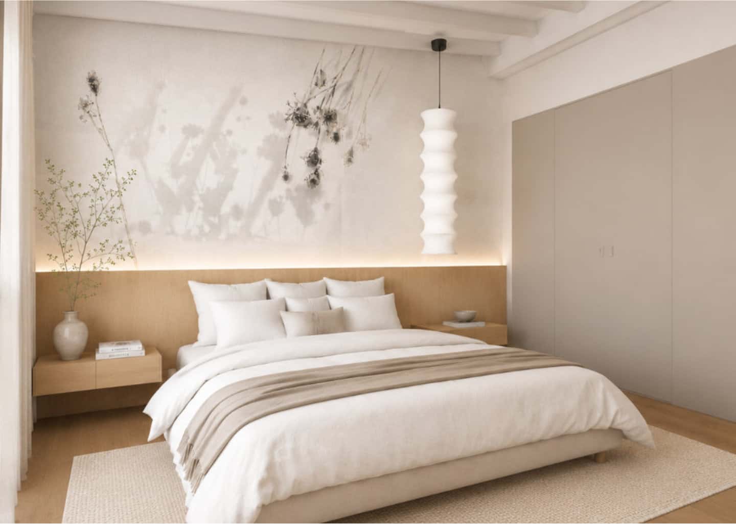 Camera da letto padronale con testiera in legno con LED integrato, carta da parati botanica e lampada a sospensione.