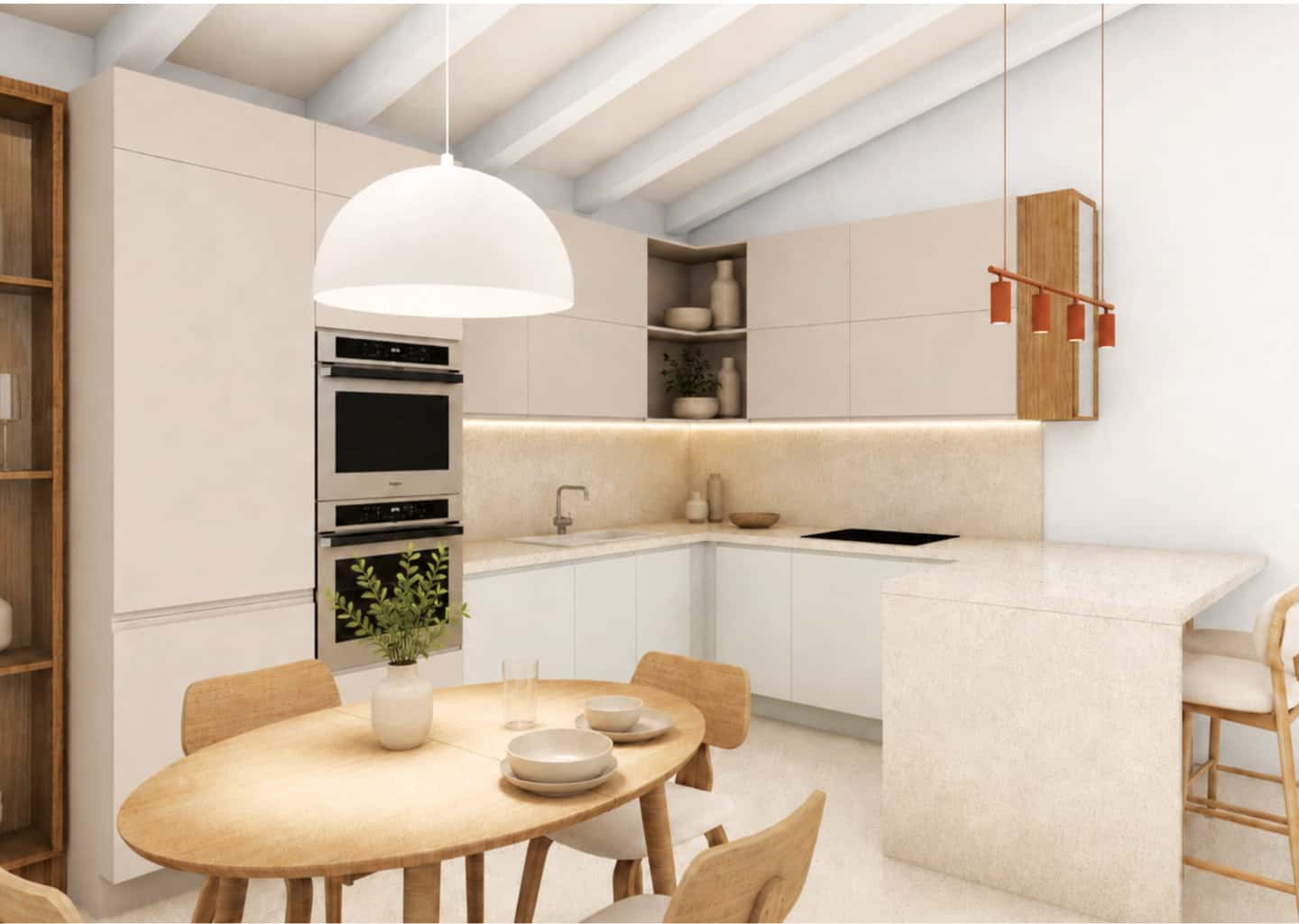 Cucina moderna nei toni del beige e rovere chiaro con tavolo ovale allungabile, penisola snack e travi a vista.