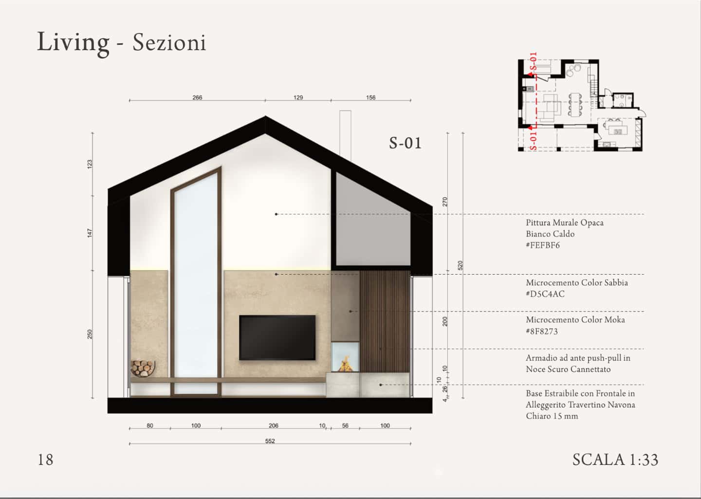 Architectural section of a living room with measurements and material descriptions; includes a TV, fireplace, and labeled floor plan. Scale 1:33.