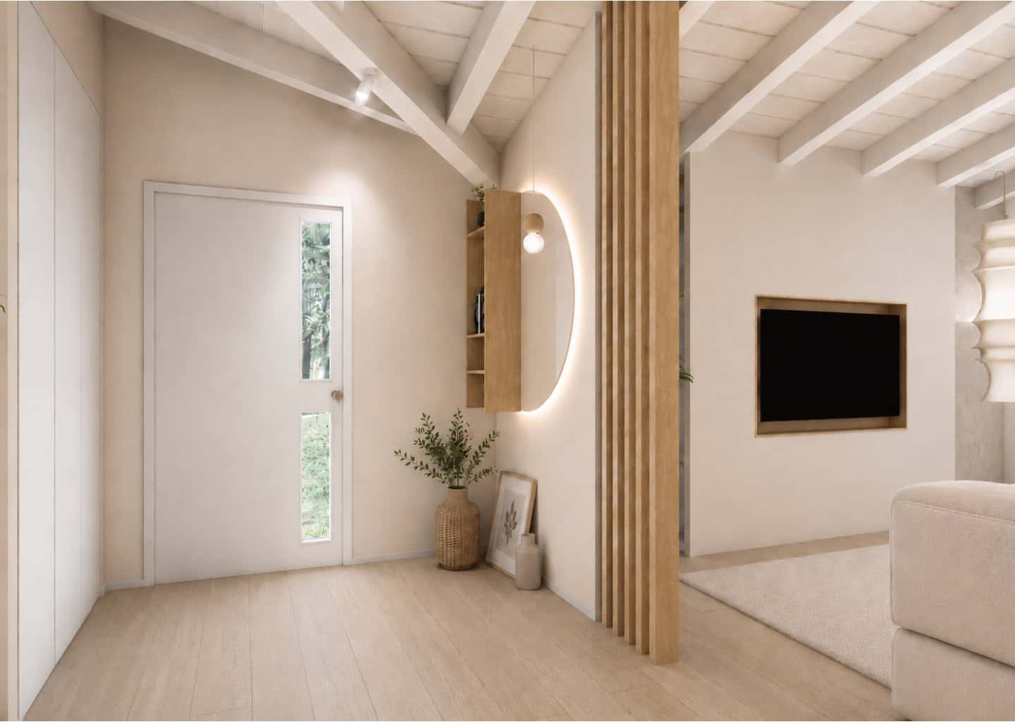 ngresso di casa con divisorio in listelli verticali di legno, specchio semicircolare retroilluminato e vista sul salotto.