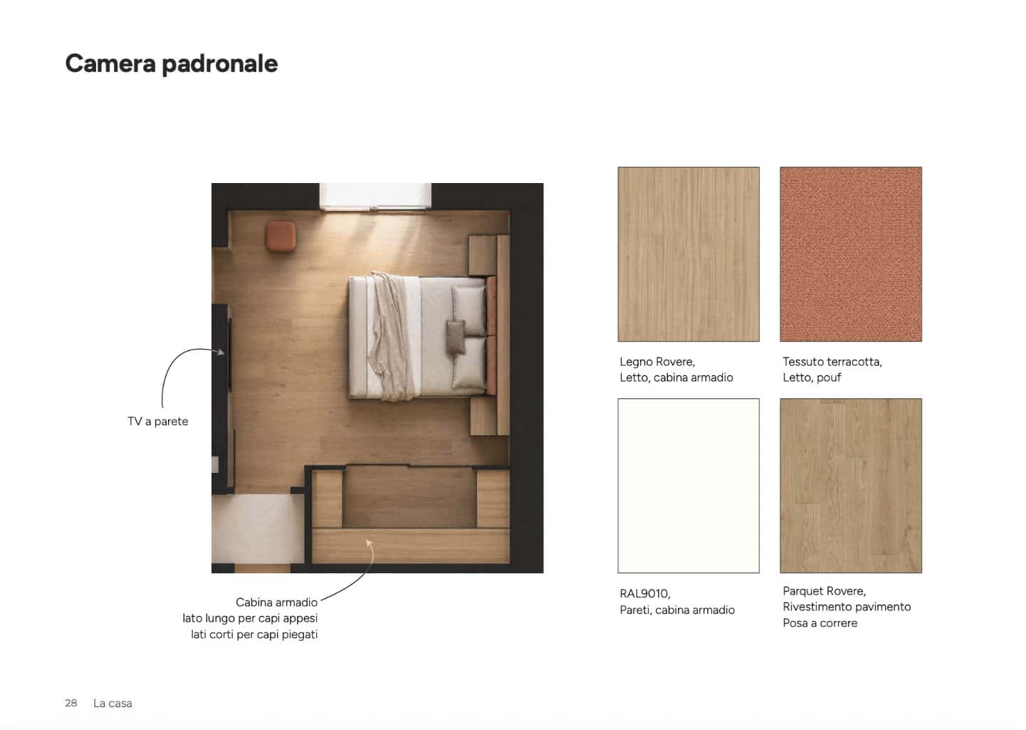 Planimetria tecnica e campioni materiali della camera padronale con letto contenitore, armadio e tessuto terracotta.