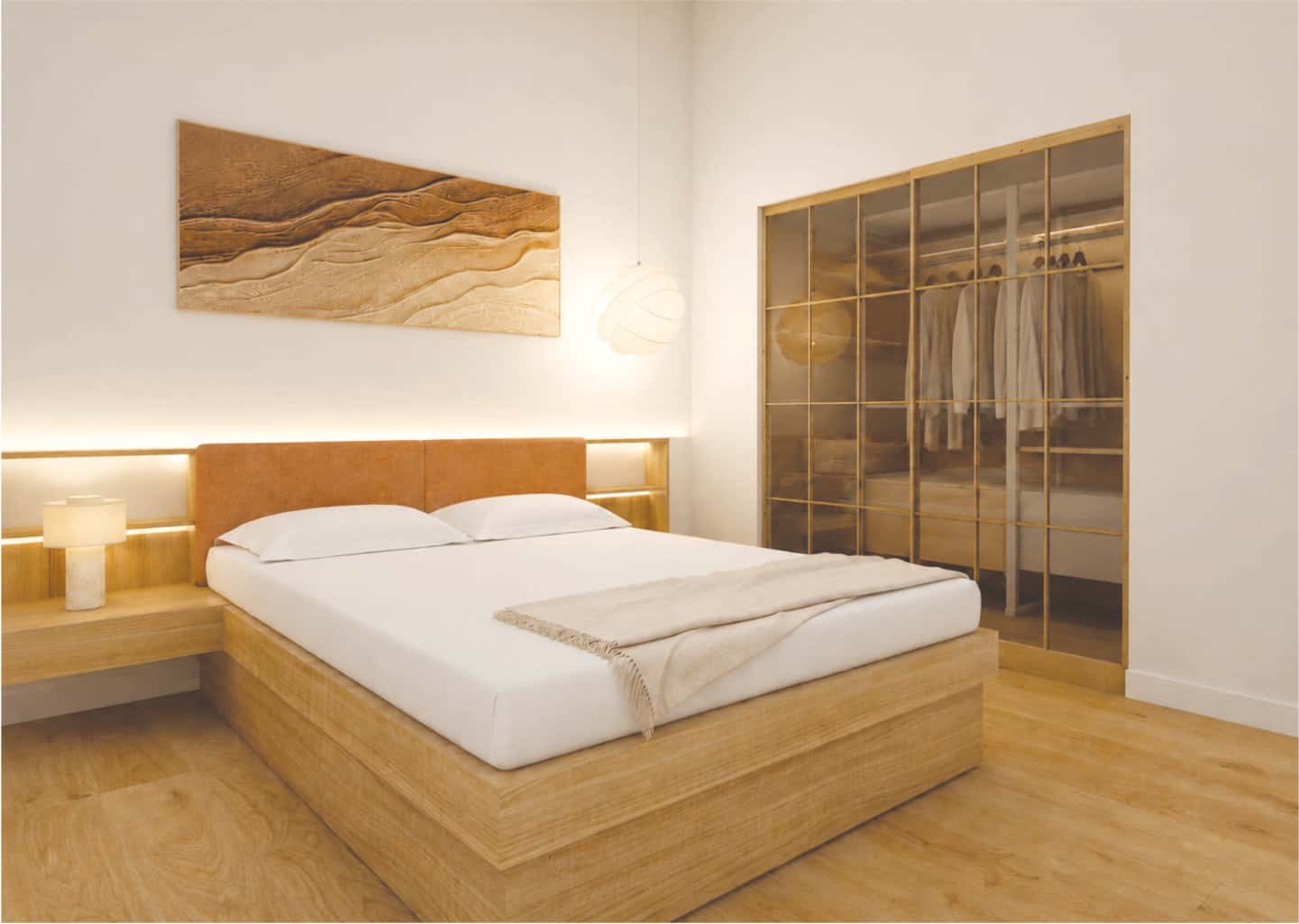 Camera da letto padronale con letto in legno e testiera terracotta, boiserie retroilluminata e cabina armadio con ante a vetrata.