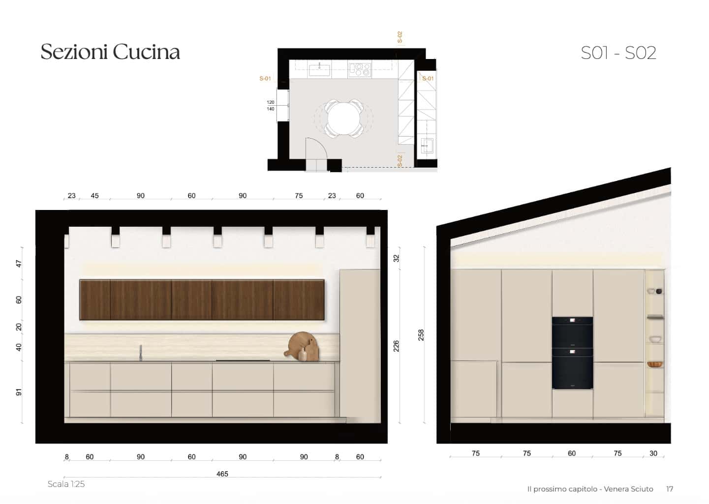 Sezione tecnica della cucina con composizione lineare, pensili in noce e isola centrale.
