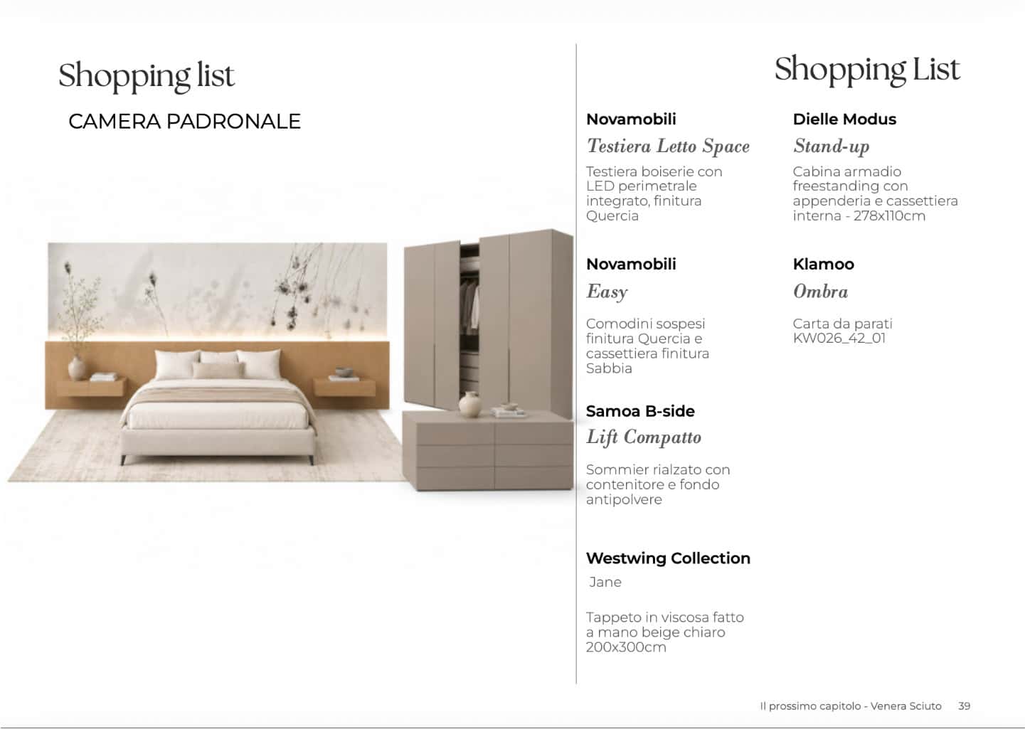 Shopping list per la camera padronale con letto contenitore, boiserie in quercia, armadio e complementi.
