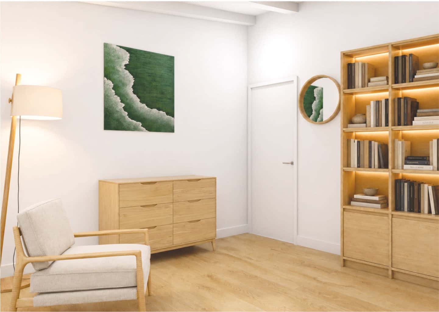 Stanza multifunzionale con poltrona in rovere, lampada da terra, cassettiera in legno e grande libreria a parete illuminata.