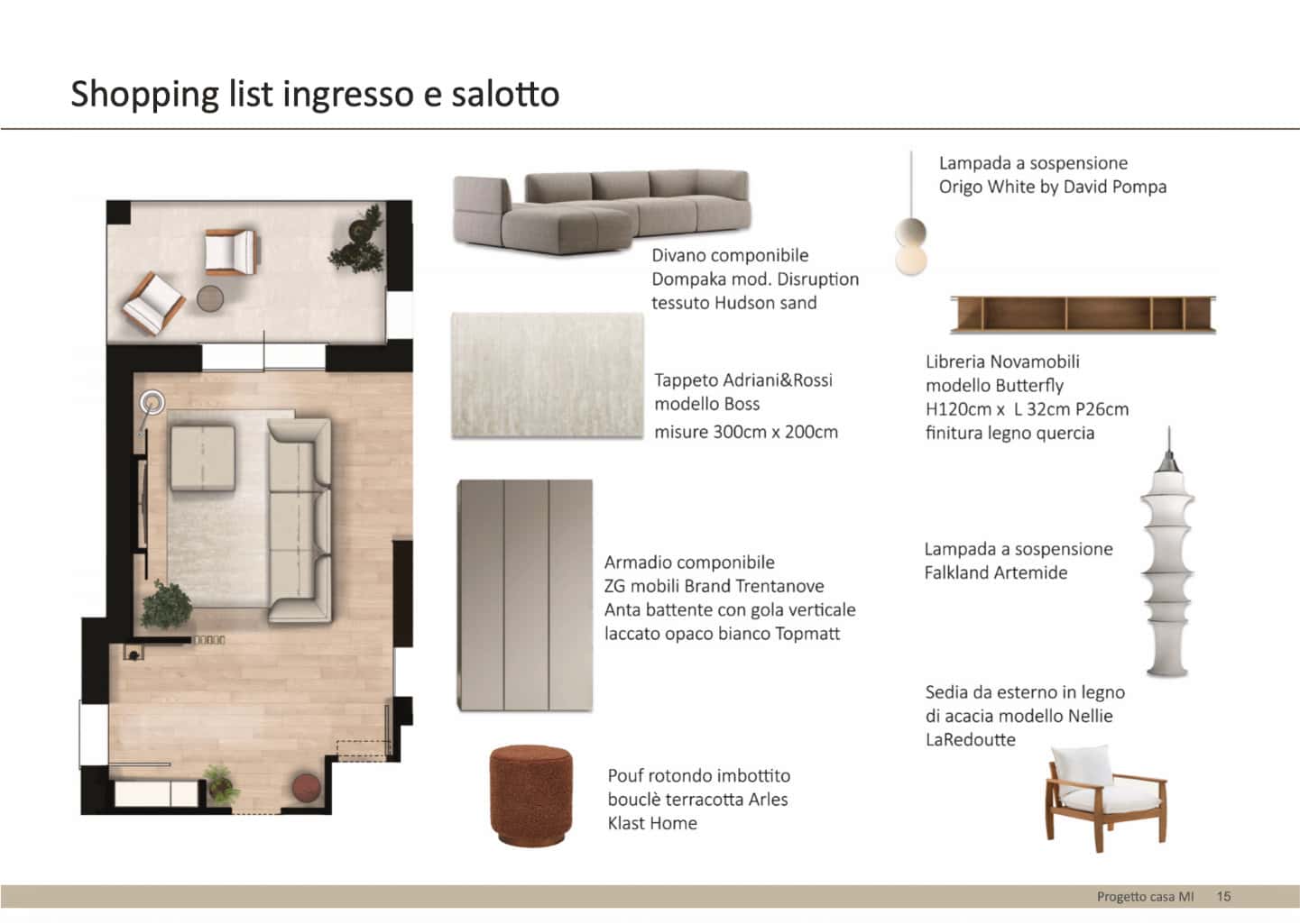 Shopping list d'arredo per ingresso e salotto con divano componibile, armadiatura e lampade di design.