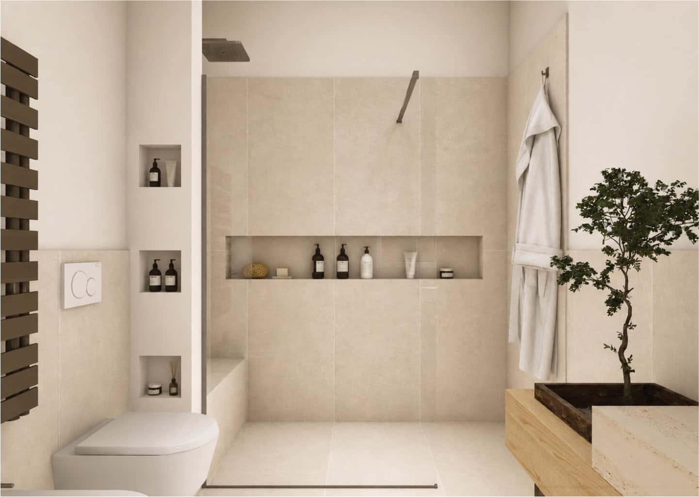 Render del bagno padronale nei toni del beige con doccia walk-in, nicchie illuminate a parete e mobile lavabo in legno.