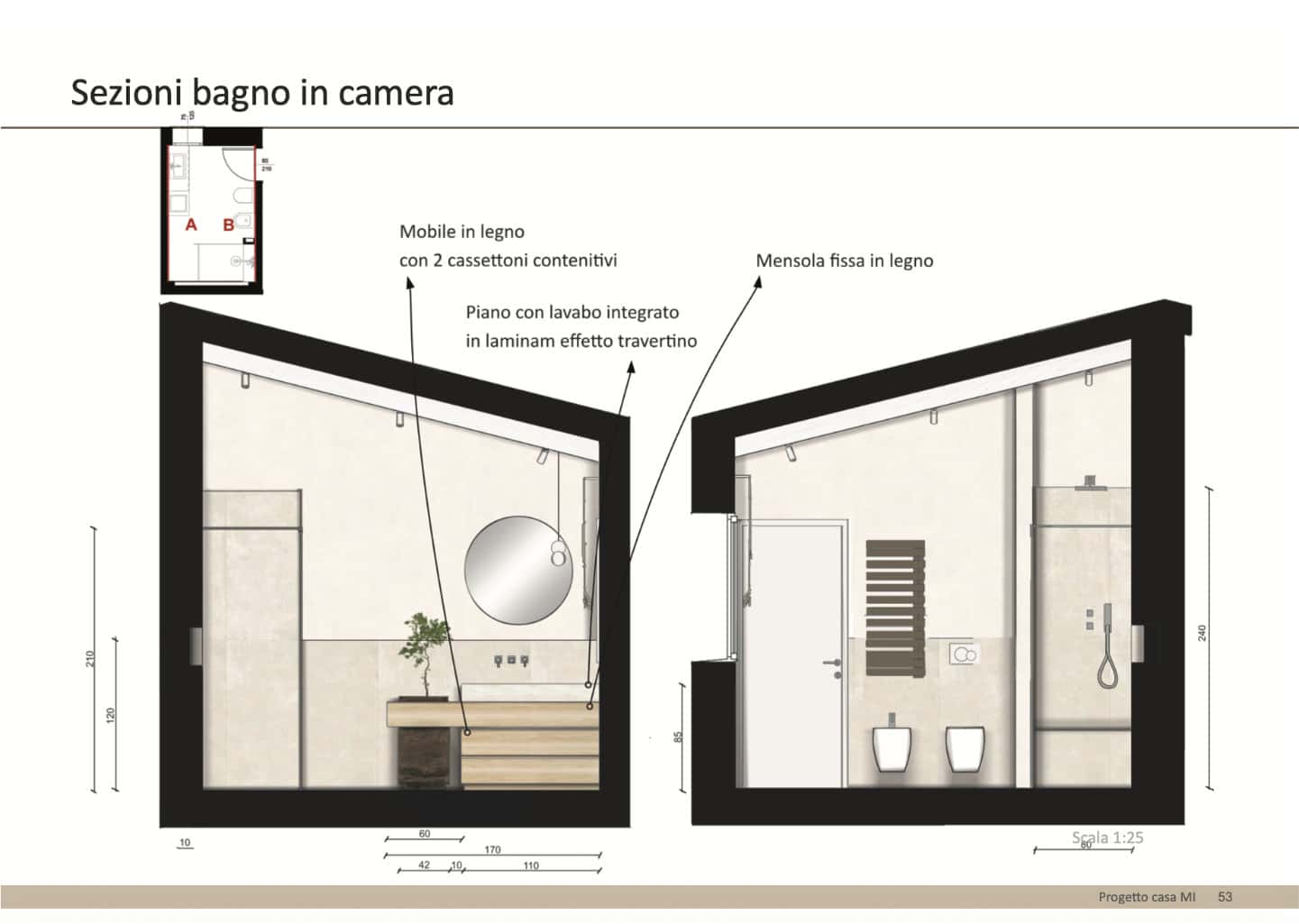 Tavola tecnica con sezioni quotate del bagno padronale completo di lavabo su misura e doccia.