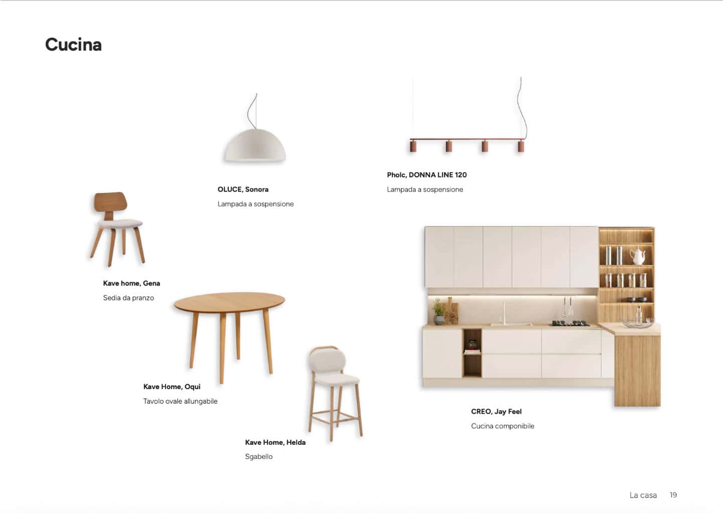 Shopping list cucina con composizione componibile, tavolo ovale in rovere, sedia e sospensioni moderne.
