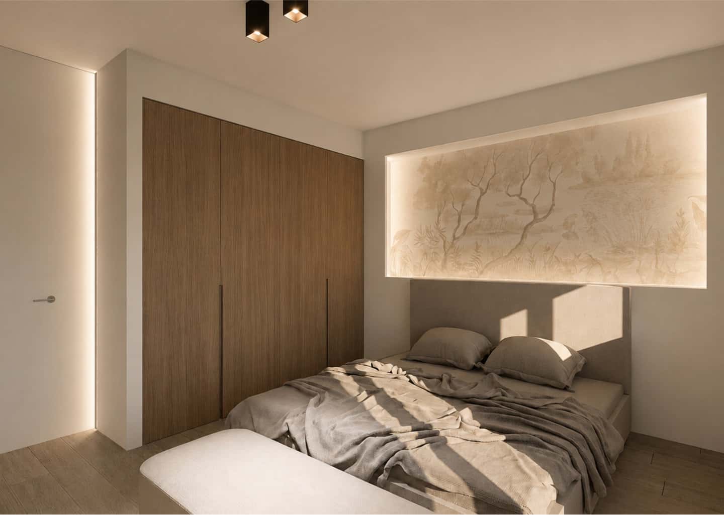 Camera da letto padronale con armadio in legno a tutta altezza e nicchia retroilluminata a LED sopra la testiera