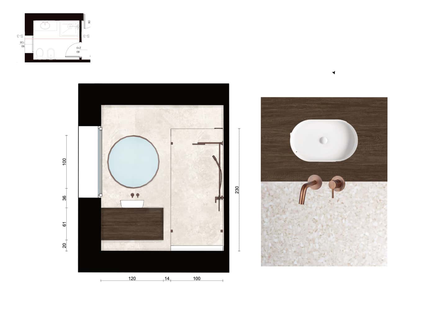 Elaborato grafico del bagno con pianta, sezione della zona lavabo e dettaglio dei campioni di finitura.