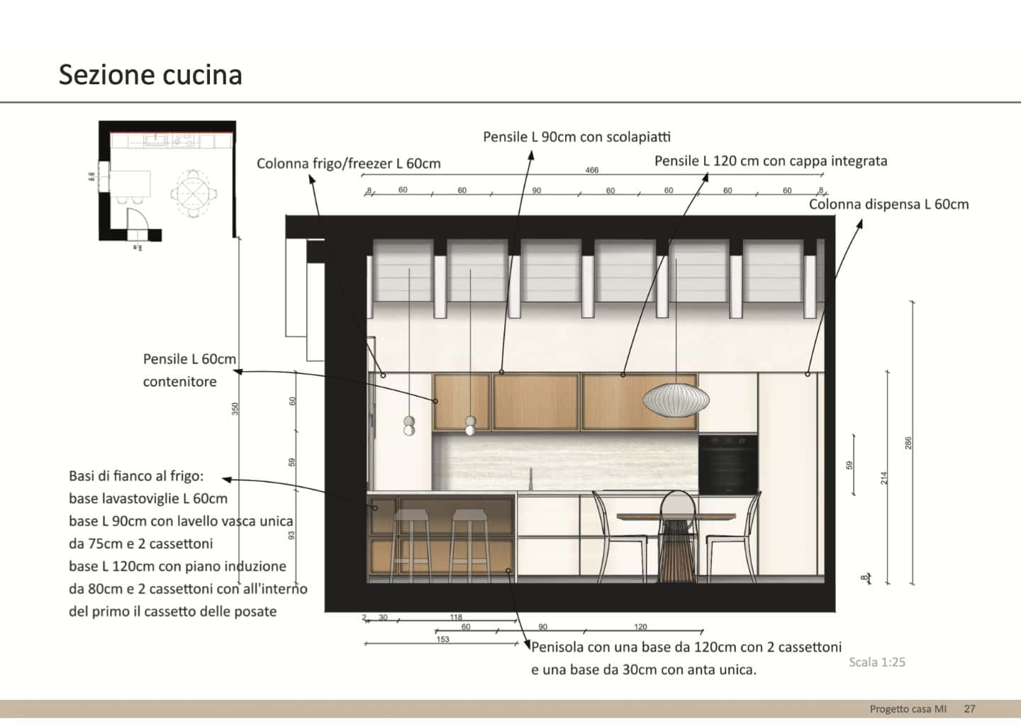 Disegno tecnico in sezione della cucina componibile con indicazioni dettagliate degli elettrodomestici e dei moduli.