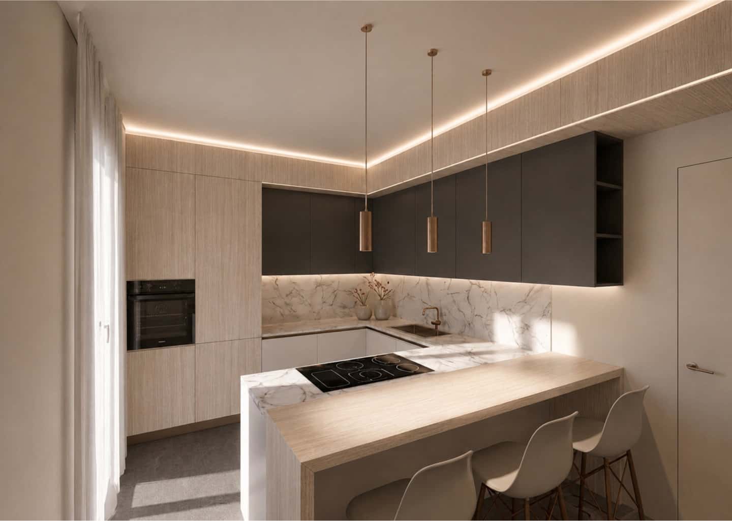 Cucina moderna con penisola snack, pensili grigio scuro, top in HPL effetto marmo e luci a sospensione bronzate
