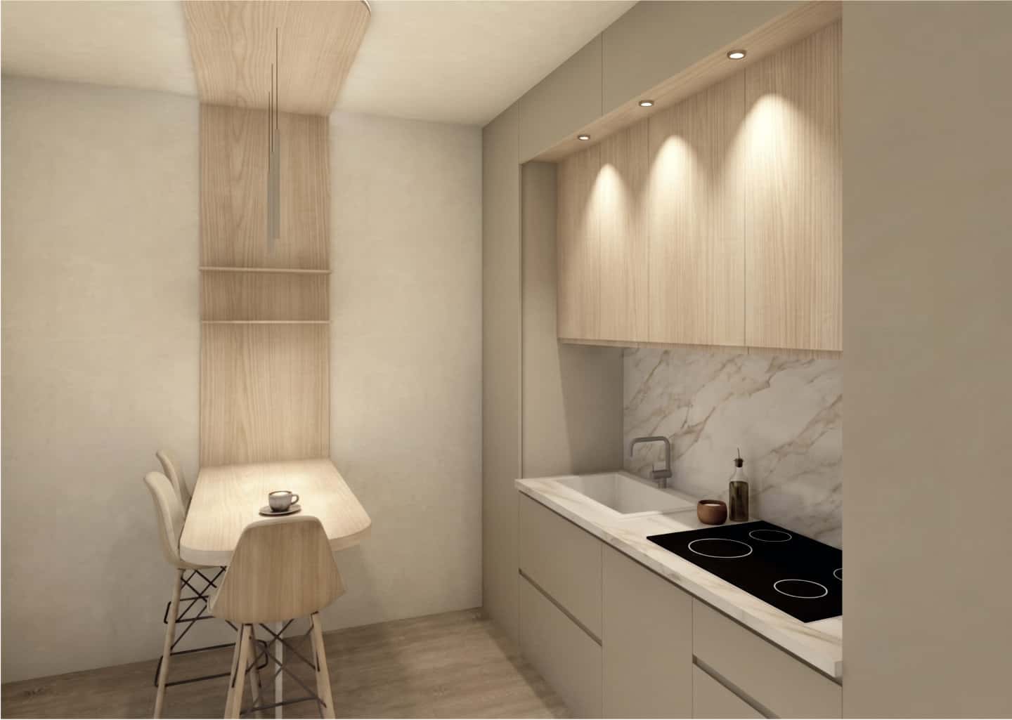 Vista d'insieme della cucina con lavello su piano effetto marmo, pensili in legno e bancone snack con sedie alte.