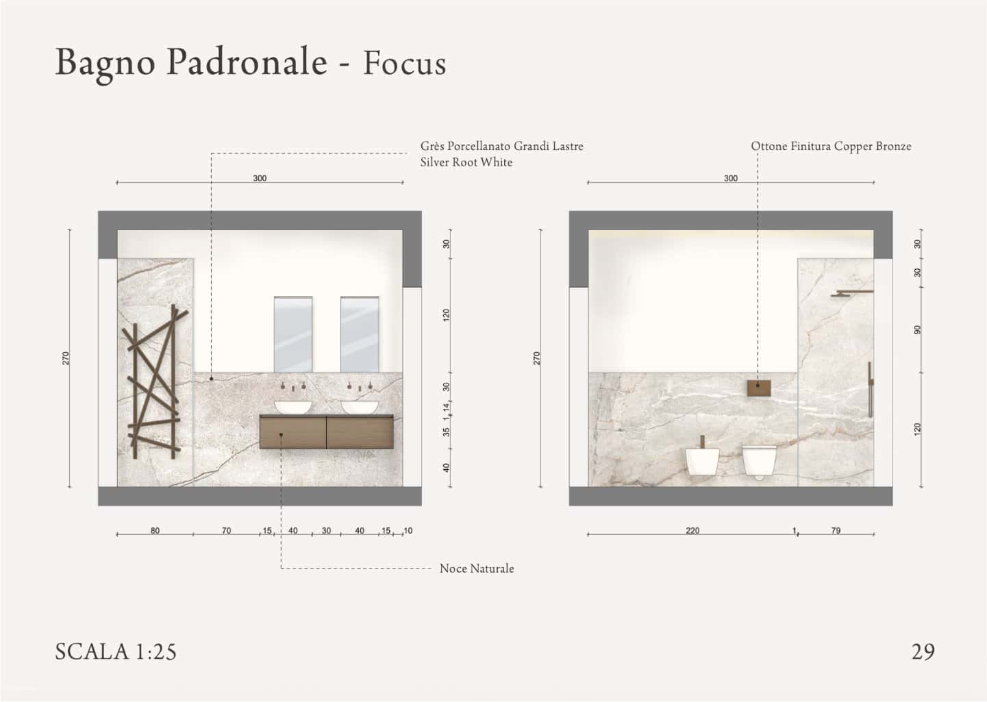 Bathroom design layout with measurements, featuring double sinks and mirrors on the left and toilet and bidet on the right, labeled in Italian.