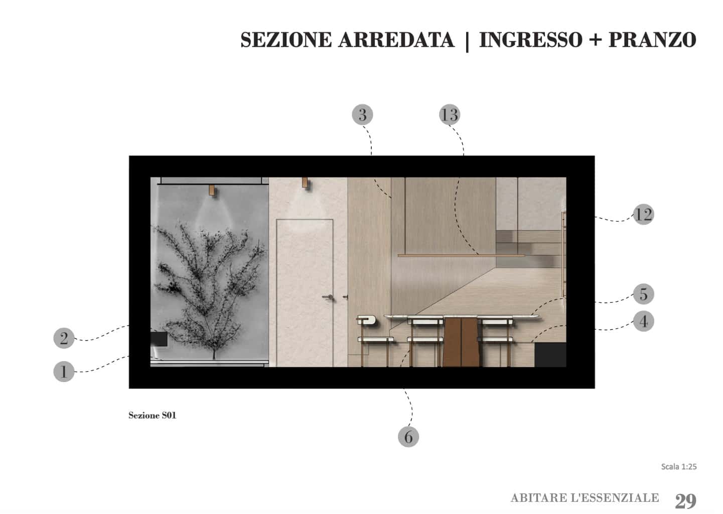 Sezione tecnica illustrata dell'ingresso con giardino zen, porta rasomuro e zona pranzo.