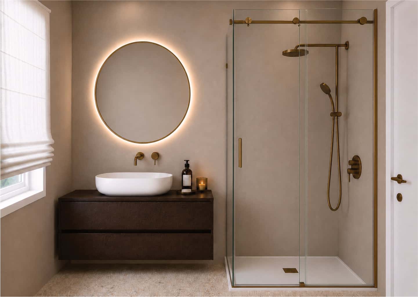 Bagno ospiti moderno con lavabo d'appoggio su mobile sospeso, specchio tondo retroilluminato e doccia walk-in con rubinetteria dorata.
