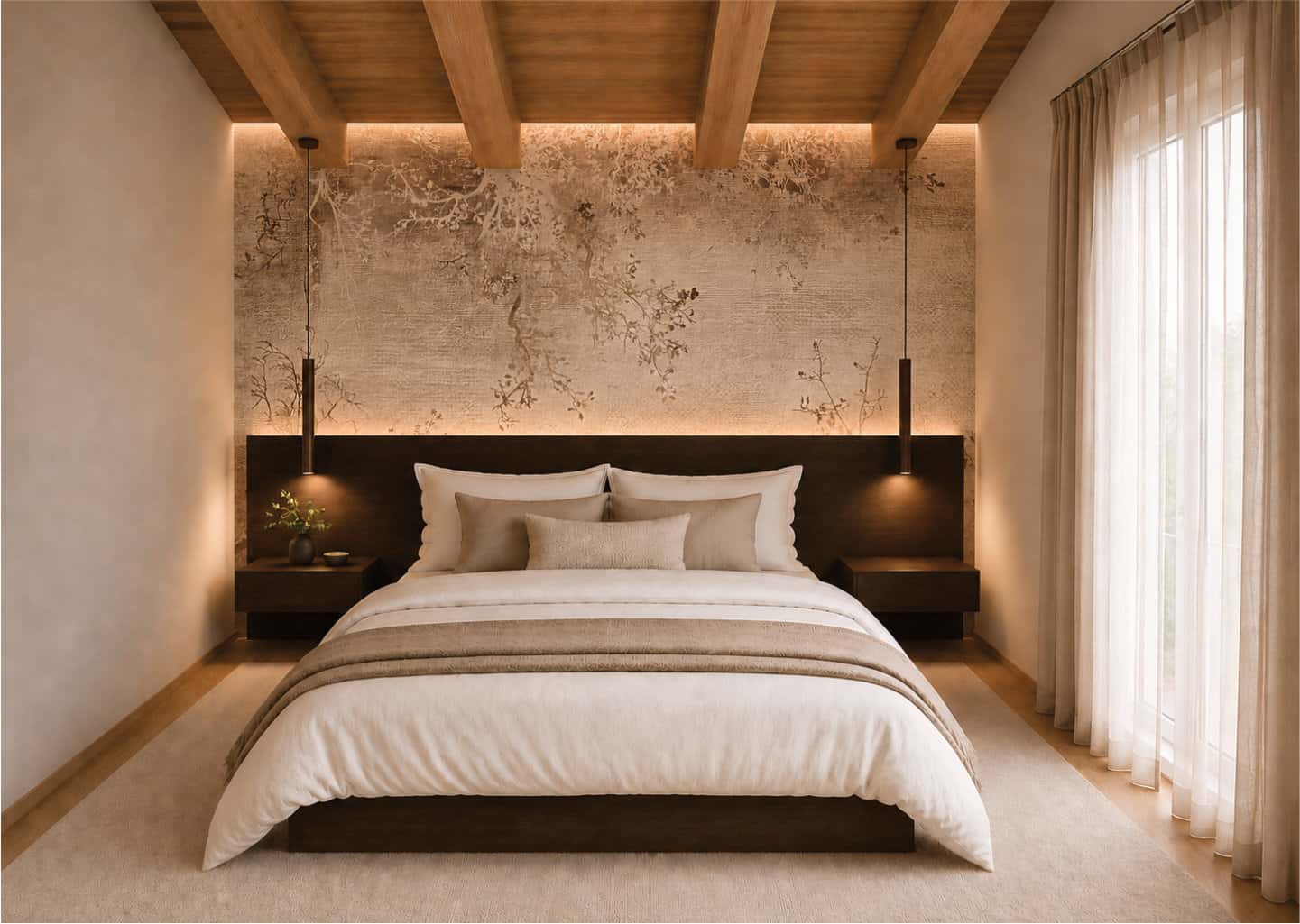 Camera da letto matrimoniale con soffitto in travi di legno a vista, luci pendenti e parete decorata a motivi naturali.