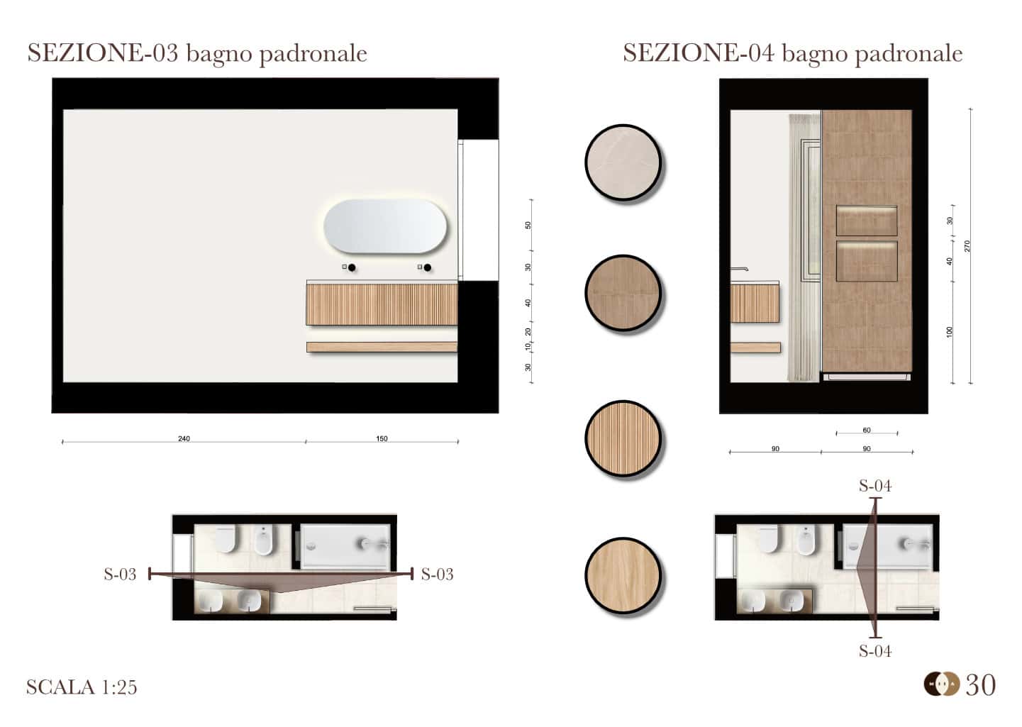 Sezioni quotate del bagno padronale con indicazioni sui materiali, mobile a cannette e nicchia doccia.