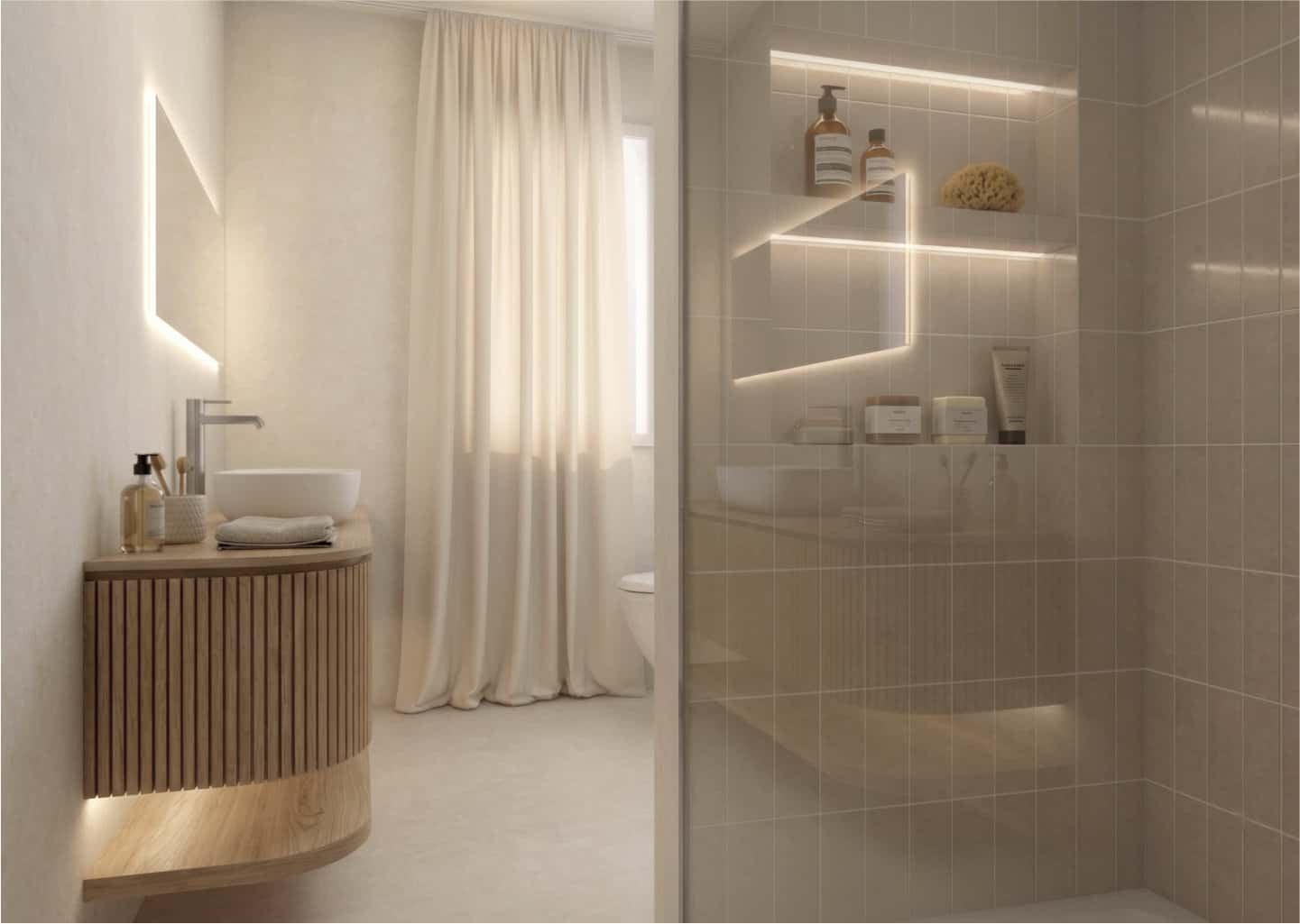 Render del bagno padronale con mobile sospeso cannettato curvo, lavabo da appoggio, specchio illuminato e doccia walk-in.
