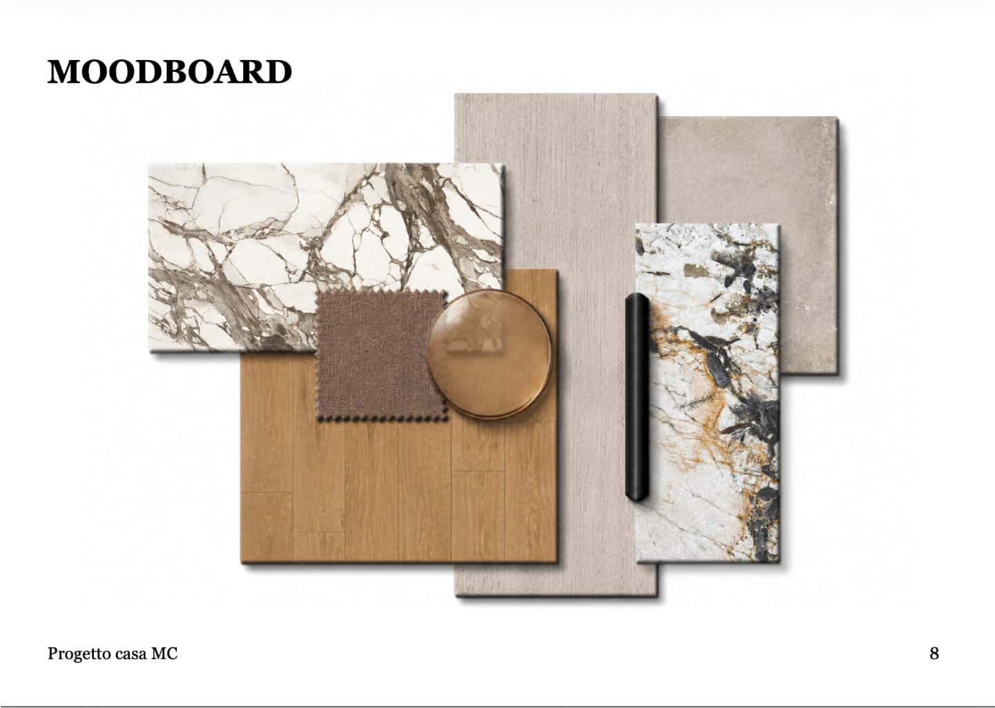 Campionario materiali della zona giorno con parquet in legno chiaro, tessuti beige, metallo nero e lastre in gres marmo venato.
