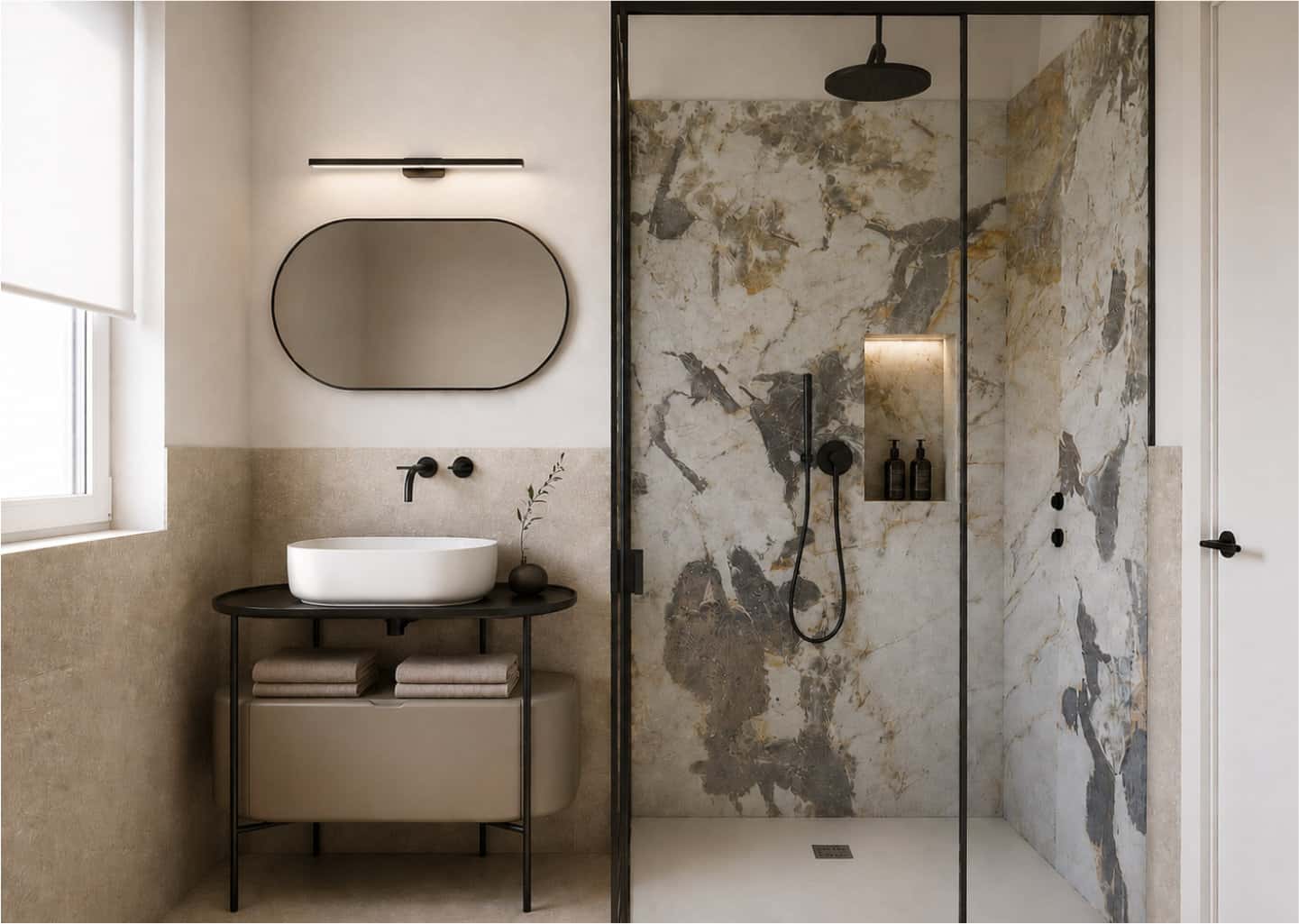 Bagno con lavabo d'appoggio su struttura in metallo nero, specchio ovale e doccia walk-in con rivestimento effetto marmo.