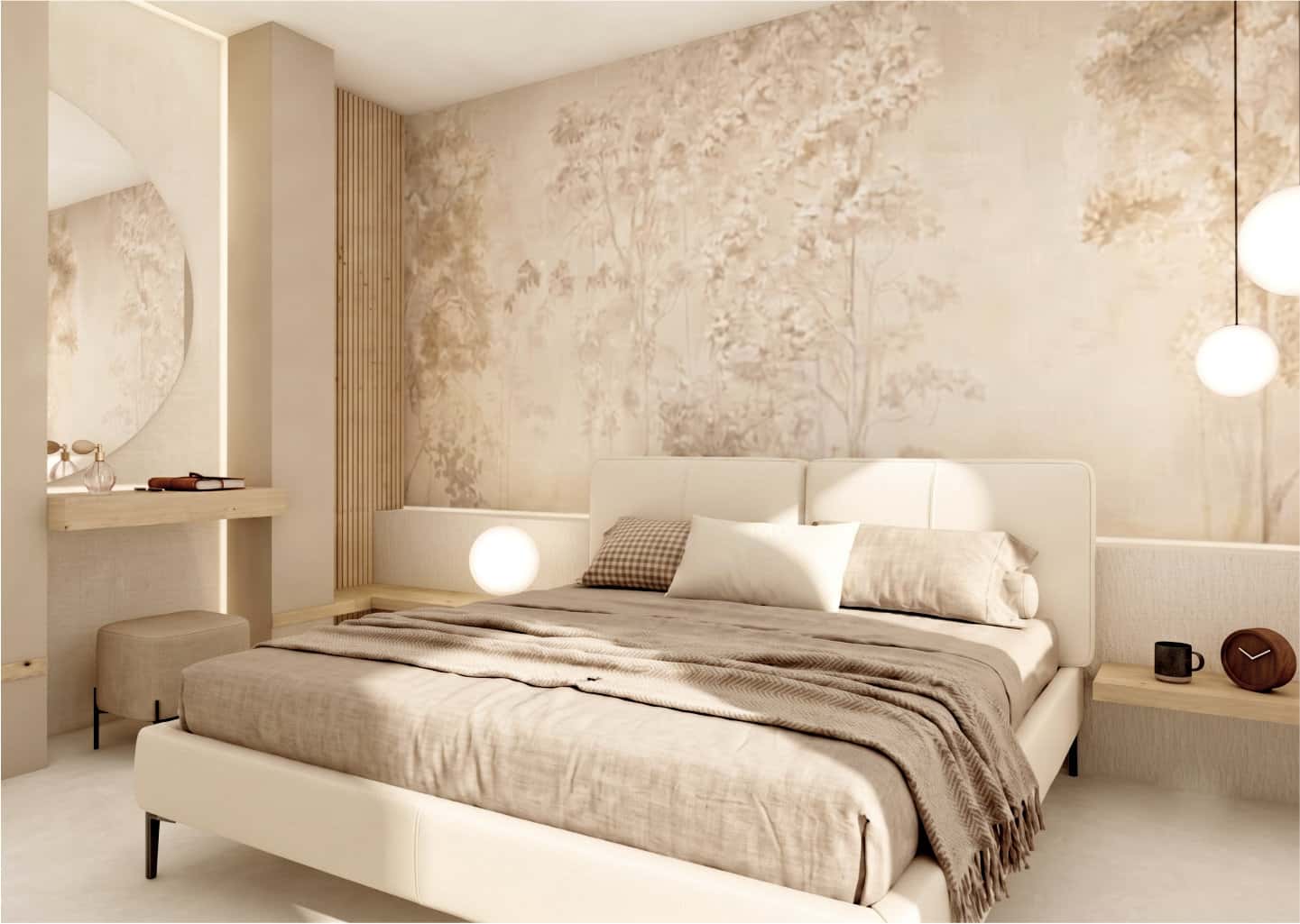 Camera da letto padronale con letto matrimoniale chiaro, carta da parati panoramica a tema bosco e angolo vanity con specchio.