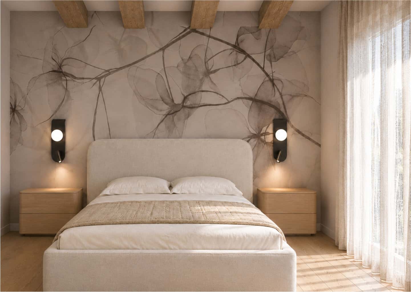 Camera da letto matrimoniale con travi in legno a vista, specchi retroilluminati e parete decorata con motivo vegetale.
