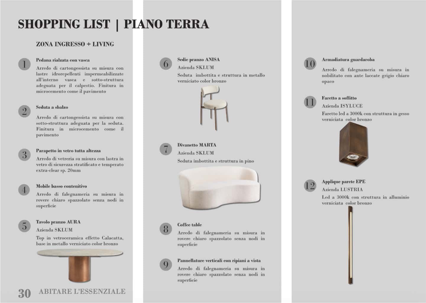 Shopping list della zona giorno con divanetto curvo, tavolo con top in vetroceramica e punti luce di design