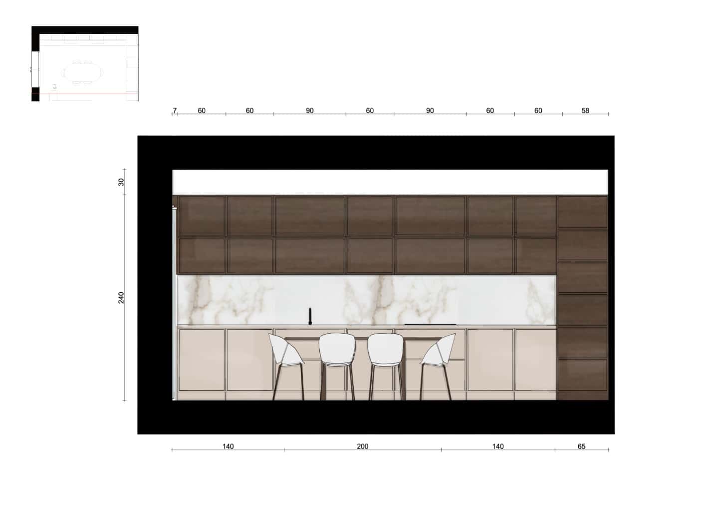 Prospetto tecnico della parete cucina attrezzata con pensili a soffitto, piano di lavoro chiaro e colonne elettrodomestici.