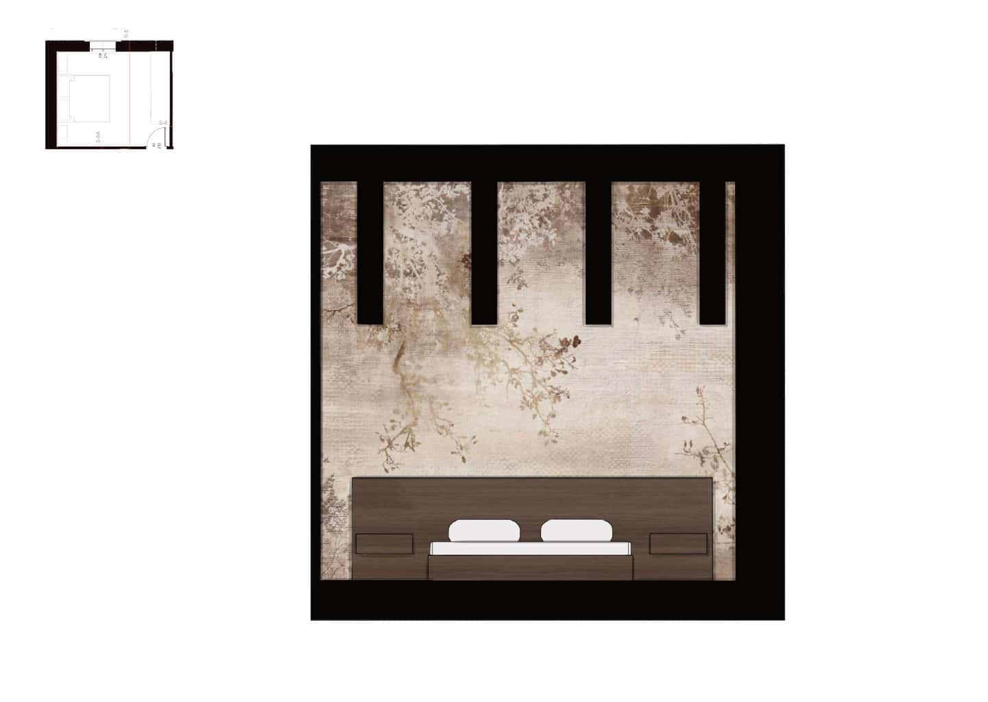 Sezione di progetto per la stanza da letto padronale con testiera in legno, faretti a sospensione e carta da parati botanica.