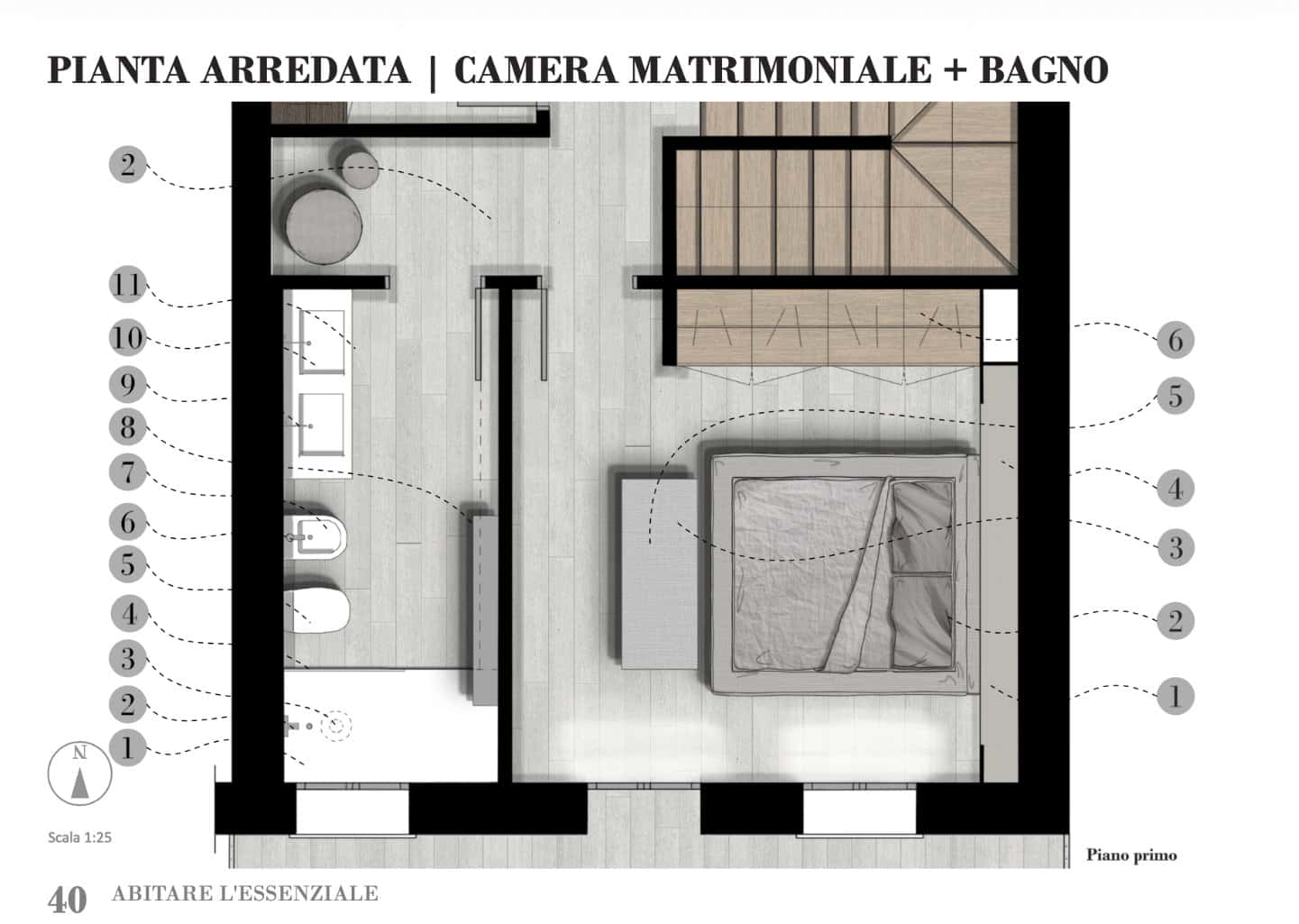 Planimetria tecnica quotata del primo piano con layout arredato di camera padronale e bagno.
