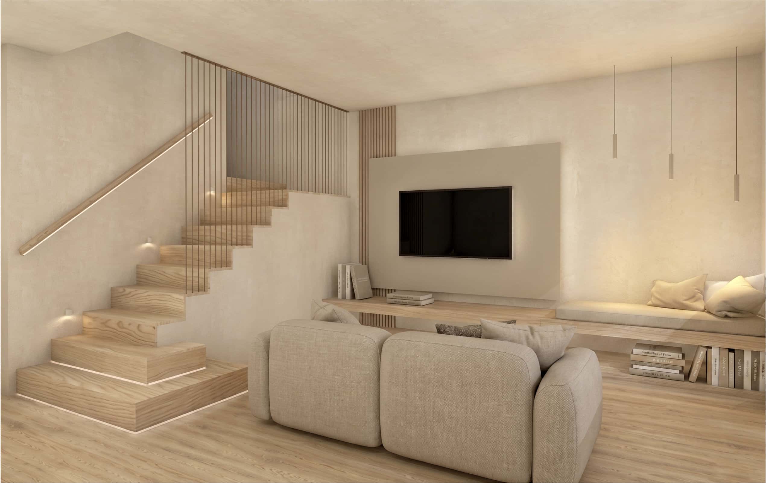 Soggiorno luminoso nei toni del beige con divano chiaro, parete TV sospesa e scala in legno con strip LED integrate e parapetto a fili verticali.