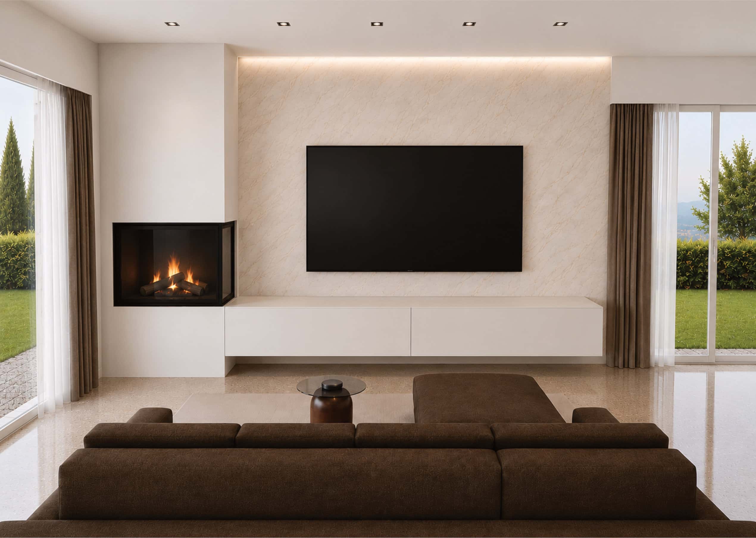 Soggiorno moderno open space con divano ad angolo marrone, camino a legna integrato e grande parete TV illuminata da LED.